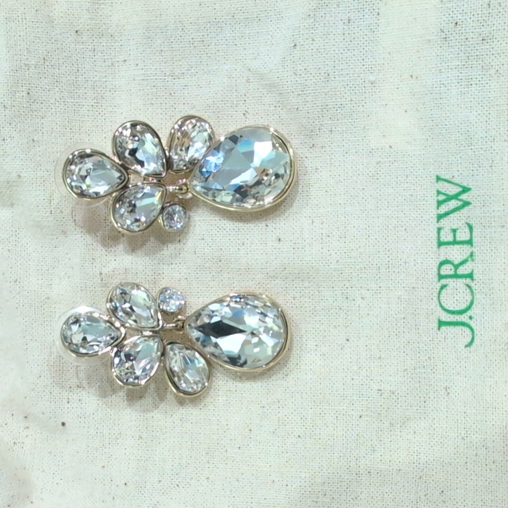 J Crew Clear Crystal Cluster Teardrop Gold Drop Statement Earrings, NWOT